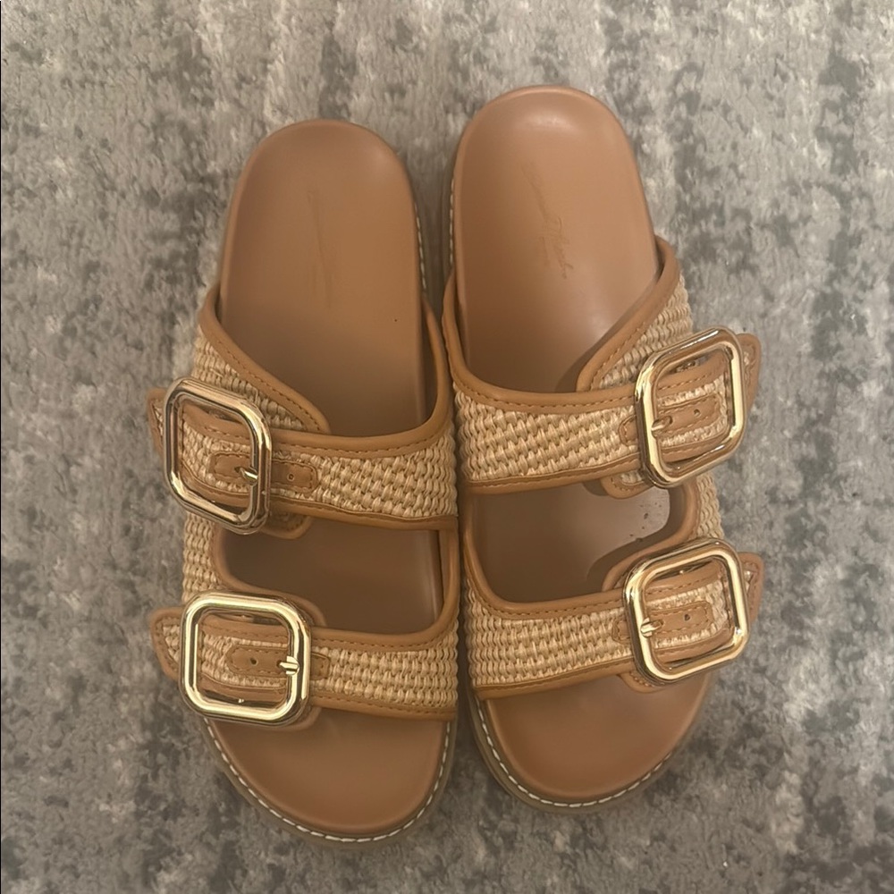 Universal Thread Tan Sandals with Gold Buckles
